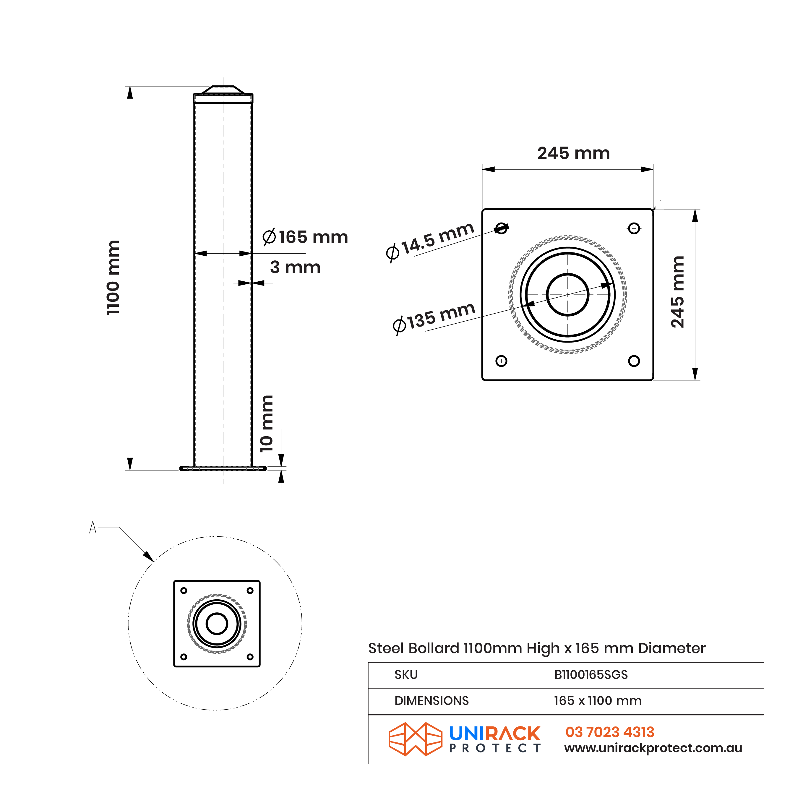 Bollard - Surface Mount Galvanised & Powder-Coated