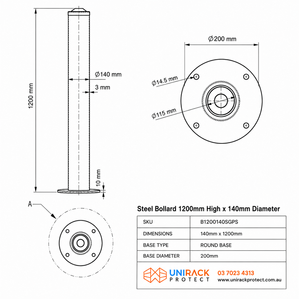 Bollard - Surface Mount Galvanised & Powder-Coated