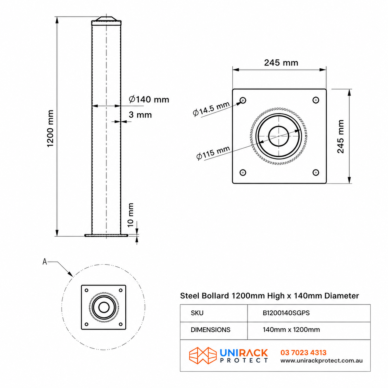 Bollard - Surface Mount Galvanised & Powder-Coated