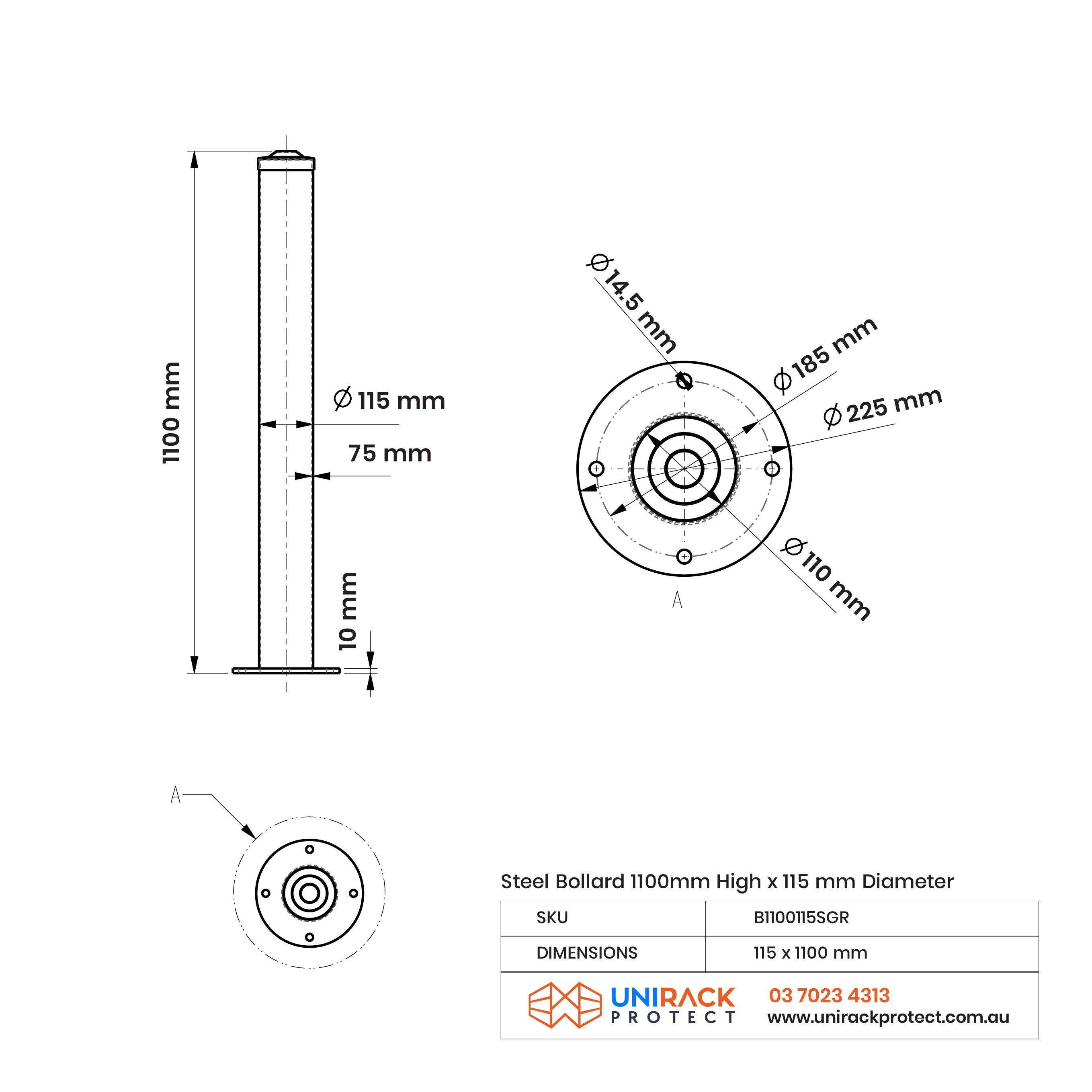 Bollard - Surface Mount Galvanised & Powder-Coated